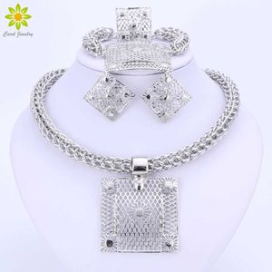 Fine African Beads Silver Plated Jewelry Sets Nigerian Wedding Accessories Bridal Collares Costume Square Necklace Earrings Set H1022