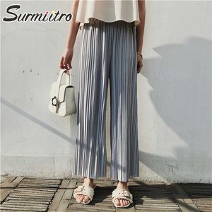 SURMIITRO Summer Fashion Long Wide Leg Pants Women Korean Style Chiffon High Waist Ankle Length Pleated Trousers Female 210712
