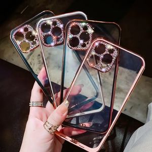 Luksusowe Platerowanie Kryształ Kamera Rhinestone Camera Telefon komórkowy Obudowa ochrony dla iPhone13 / 12/13 Promax XS Max XR 8 7 plus przezroczysta pokrywa diamentowa