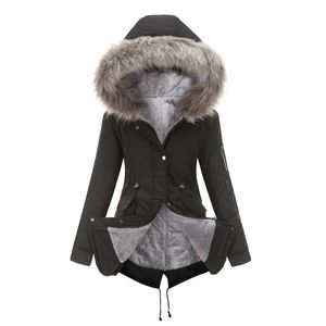 女性用ジャケットD339女性ミッドレングスフード付きパーカー暖かい厚いフリースファッション都市豪華な調節可能なウエストアーミーグリーンドローストリングパイルコア