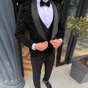 Sparkly Black Groom Tuxedos Mens Morning Suits Stage Cosplay Men Party Suits Wedding Best Man Blazer