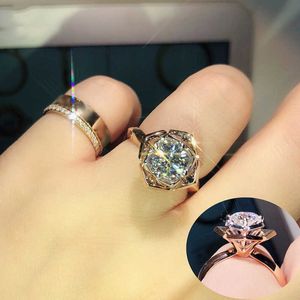 Exquisite Rose Flower Rings Inlay Dazzling Moissanite Luxury Rose Gold Jewelry For Women Wedding Engagement Best Statement Gifts X0715