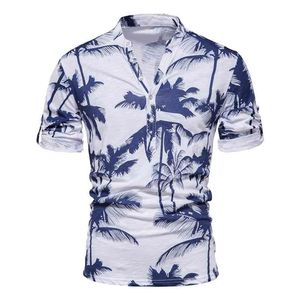 Aiopeson Hawaii Stil T-Shirt Erkekler Yaz Rahat Standı Yaka 100% Pamuk S T Gömlek Moda Yüksek Kaliteli Giyim 210706