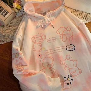 Spring Autumn Tie Dye Hoodie Women Thick Warm Cute Pink Oversized Sweatshirt Hooded Harajuku Vintage Pullover 210816