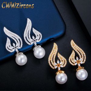 Elegancki Cubic Cyrkonia Betonowe Żółte Złoto Kolor Big Pearl Kolczyki Dla Kobiet Vintage Brides Wedding Jewelry CZ573 210714