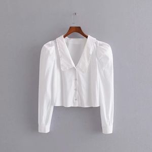 Stylish Chic White Poplin Jewelry Buckle Short Blouse Fashion Lapel Collar Long Sleeve Shirts Tops Casual High Street 210520