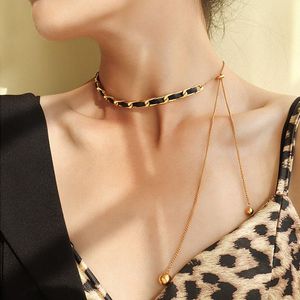 Wholesale cord tassels resale online - Hip hop Black Gold Color Leather Cord Chain Splicing Long Tassel Pendant Necklace For Women Titanium Steel Adjustable Necklaces