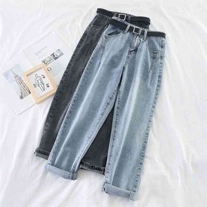 Kore Yüksek Bel Kot Kadınlar Harem Pantolon Gevşek Rahat Artı Boyutu Yüksek Sokak Denim Pantolon Pantalon Femme Vintage Kemer B90 210714