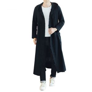 Homens Longo Casual Capuz Trench Casaco Casaco Cardigan Casaco Outerwear Outono Outono Macho Macho Solto Hoody Harujuku Longo Jakcet 211011