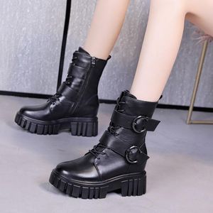 Boots Spring Autumn British Style Height Increasing Platform Buckles Belt Genuine Leather Women Half Mid-Calf Equestrian