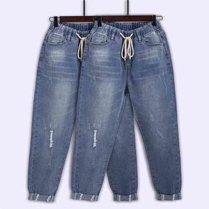Ripped jeans för kvinnor hög midja plus storlek dragsko lös denim harem byxor femme 5xl 6xl 7xl 130kg 210708
