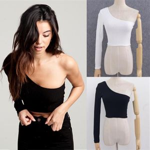 Women Tops Sexy One Shoulder Long Sleeve Camisole Femal Crop Elastic Short Knitting Cropped Cami Tees Streetwear