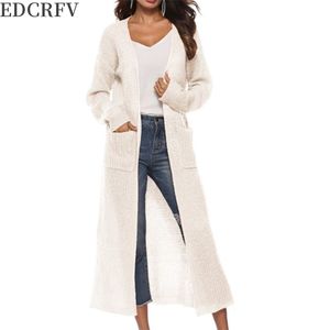 Damska z długim rękawem Open Front Cardigan Maxi Długi Side Split Solid Color Trykotowy Sweter Nieregularny Slim Płaszcz z dużymi kieszeniami 210805