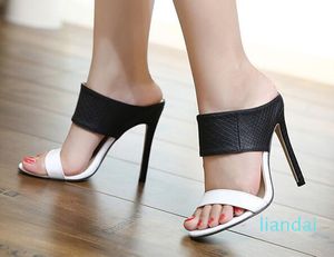 Черно-белые искусственные кожаные сандалии на высоком каблуке модные тапочки летняя обувь Сексуальные сандалии на высоком каблуке 11см