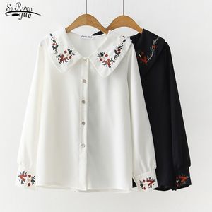 Весна шифон блузка белый черный фонарь с длинным рукавом рубашки милые винтажные вышивки цветочные блузки для женщин 13051 210521