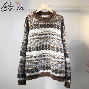 H.SA Kvinnor Tröja och Pullovers Oversized Knitwear Plaid Vintage Jumpers Långärmad Streetwear Tröjor Pull Femme 210716