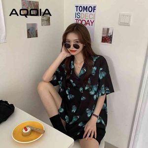 Summer Oversize Short Sleeve Women Blouse Shirt Loose butterfly Printing Button Up Ladies Shirts Y2k Female Clothing 210521