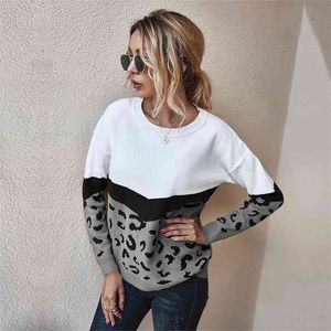 Autunno Inverno Moda Leopard Maglione lavorato a maglia Donna Casual O-Collo Pullover a maniche lunghe Top 210805