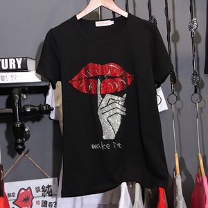 Cotone allentato di grandi dimensioni perforazione a caldo T-shirt nere da donna manica corta estate versione coreana Tees 2021 diamanti Trend Top 210317