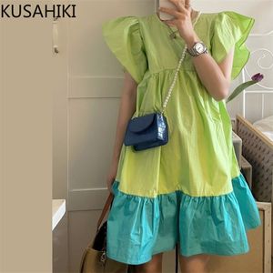 Koreański Chic Hit Color Sweet Sukienki Latające Rękaw O-Neck Vestidos Femme Summer Woman Dress 6J843 210603