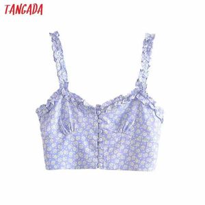 Tangada Kadınlar Ruffles Mavi Çiçek Camis Kırpma Üst Spagetti Kayışı Kolsuz Backless Kısa Bluzlar Gömlek Kadın Tops 3H397 210609