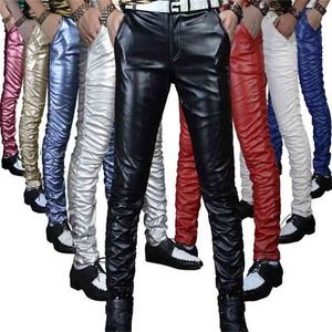Idopy Quality PU Winter Line Sexy Red Slim Tight Male Leather Pant Men Motorcycle Black Skinny Biker Trouser Jogger Blue 210715