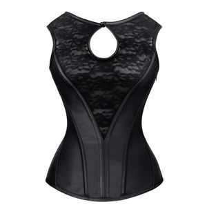 Sladuo Black See Through Floral Lace & Leather Overbust Corsets And Bustierts Steel Bone Bodyshaper Waist trainer Vest Corset