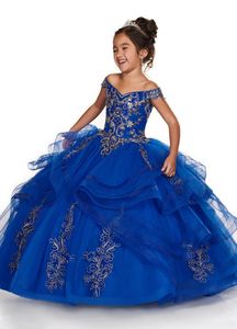 2021 Royal Blue Peach Girls Pageant Dresses Off Shoulder Gold Lace Embroidery Beaded Flower Girl Dress Kids Wear Birthday Communion Gowns