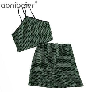 Weibliche Leibchen Sommer Mode ärmellose rückenfreie schlanke Frauen Crop Tops geometrische Muster gestrickte grüne Camis Strand 210604