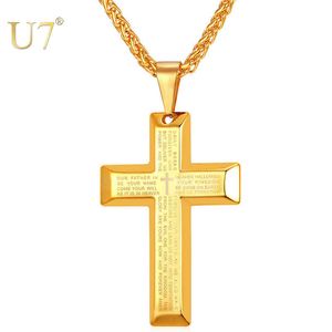 U7 Stainlsteel Cross Pendant Necklace For Men Lord's Prayer Necklace Black /Gold Heavy Wheat Chain 20 Inch P868 X0707