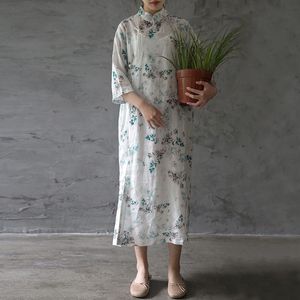 Johnature Donne Stile Cinese Cheongsam di Alta Qualità Vintage Stampa Abito Floreale Autunno Button Ramie Donne Panni Vestito 210521