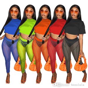 2022 Designer Tracksuits Women Sexy Mesh Sheer Yoga Pants T Shirt Two Piece Set Navel Exposed Nightclub Clothing