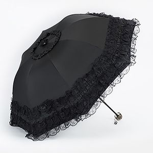 Lace Women Rain Umbrella Sun Paraguas mujer Black Parasol Folding Princess guarda chuva invertido UV Protection Decoration