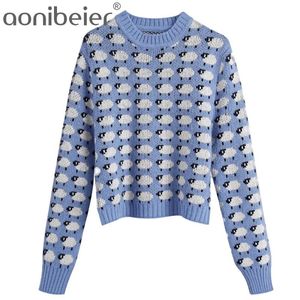 Sweet Women Cartoon Sheep Print Sweater Fashion Ladies Chic O-Neck Stickade Toppar Streetwear Kvinna Söt Blå Pullovers 210604