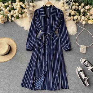 Women Languid Autumn Shirt Dress City Urban Retro Striped Slim Fit Medium Length Midi Vestidos Female PL578 210506