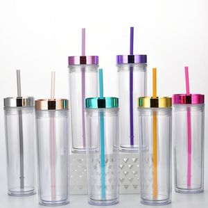 Skinny Cup Double Wall Plastic Tumbler Portable Easy to Take with Electroplating Lid and Straw 16ozZYY787