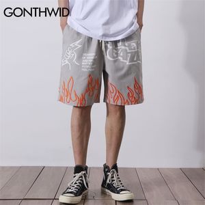 Gonthwid fogo chama impressão shorts streetwear verão hip hop casual folgue calças curtas homens harajuku moda bolsos calças macho 210324