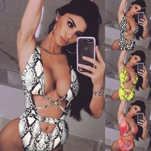 Fashion Women Sexy Bodysuit Hollow Out Push Up Leopard Snake Padded Bandage Bikini Beachwear Swimwear Swimsuit Monokini Women's Jumpsuits &