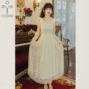 YOSIMI Beige Lace Dres Elegant Summer Fraiy Square Collar Mid-calf A-Line Long Sleeve Birthday Party Dresses Ladies 210604