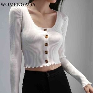 WOMENGAGA Autumn Women O Collar Buttons Knitting Cardigan Ruffle Lace Sweater Fold Full Sleeve V56L 210603