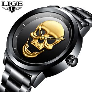 Lige Skeleto Men Watch Top Brand Casual 3D Череп Полная сталь Водонепроницаемые Военные Спорт Мужской Кварцевые Наручные Часы Relogio Masculino Q0524