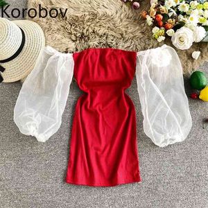 Korobov One-Shoulder Klänning Kvinna Höst Ny Sexig Temperament Tube Top Kjol Mesh Gaze Bubble Sleeve Bag Höft Kjol Höst 210430