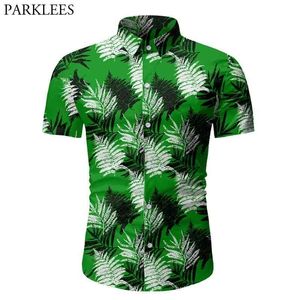 Green Hawaiian Beach Shirt for Men Fashion Leaves Print Mens Tropical Aloha Shirts Male Holiday Party Clothes Chemise Homme 210522