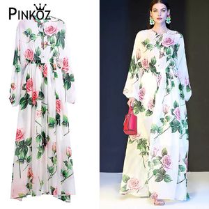 rose flower peinting maxi lace up boho dress women lady elegant plus size hoiday casual dresses summer chiffon chic 210421