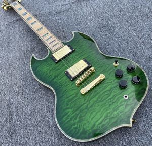 Benutzerdefinierte Trans Green Quilted Mape Top Double Cutaway E-Gitarre Ahorngriffbrett Abalone-Korpus-Binding-Inlay, goldene Hardware