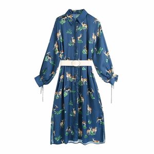 Elegant Women Blue Animal Print Dress Fashion Ladies Satin Side Slit Dresses Streetwear Female Chic Sashes Vestidos 210427