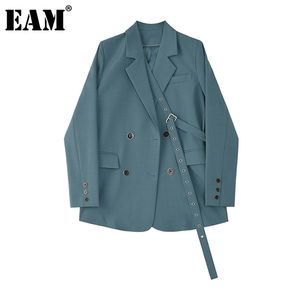 [EAM] Kadınlar Mavi Düğme Şerit Büyük Boy Blazer Yaka Uzun Kollu Gevşek Fit Ceket Moda İlkbahar Sonbahar 1Z705 211104