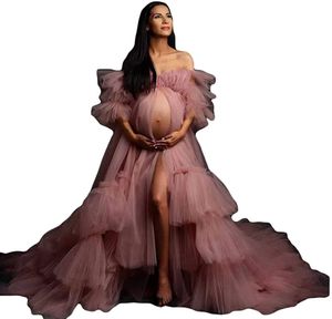 Pregnant Women Evening Dresses Po Robes Pajam Robe off Shoulder Long Sleeve Appliques Lace Tulle Gowns Customized Floor Length 268L