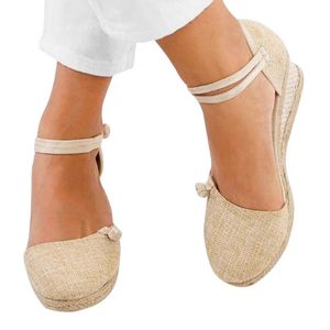 Scarpe eleganti Donna Zeppa Tela di lino Punta tonda Sandali casual Single Bohemian Dames Sandalen Zomer 2021 # Y25