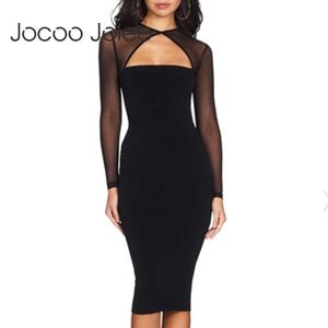 Sexy Mesh Patchwork Bodycon Dress Sexy Black Hollow Out Lace Sheath Knee-length Dress Elegant Party Club Dress Office Clothing 210619
